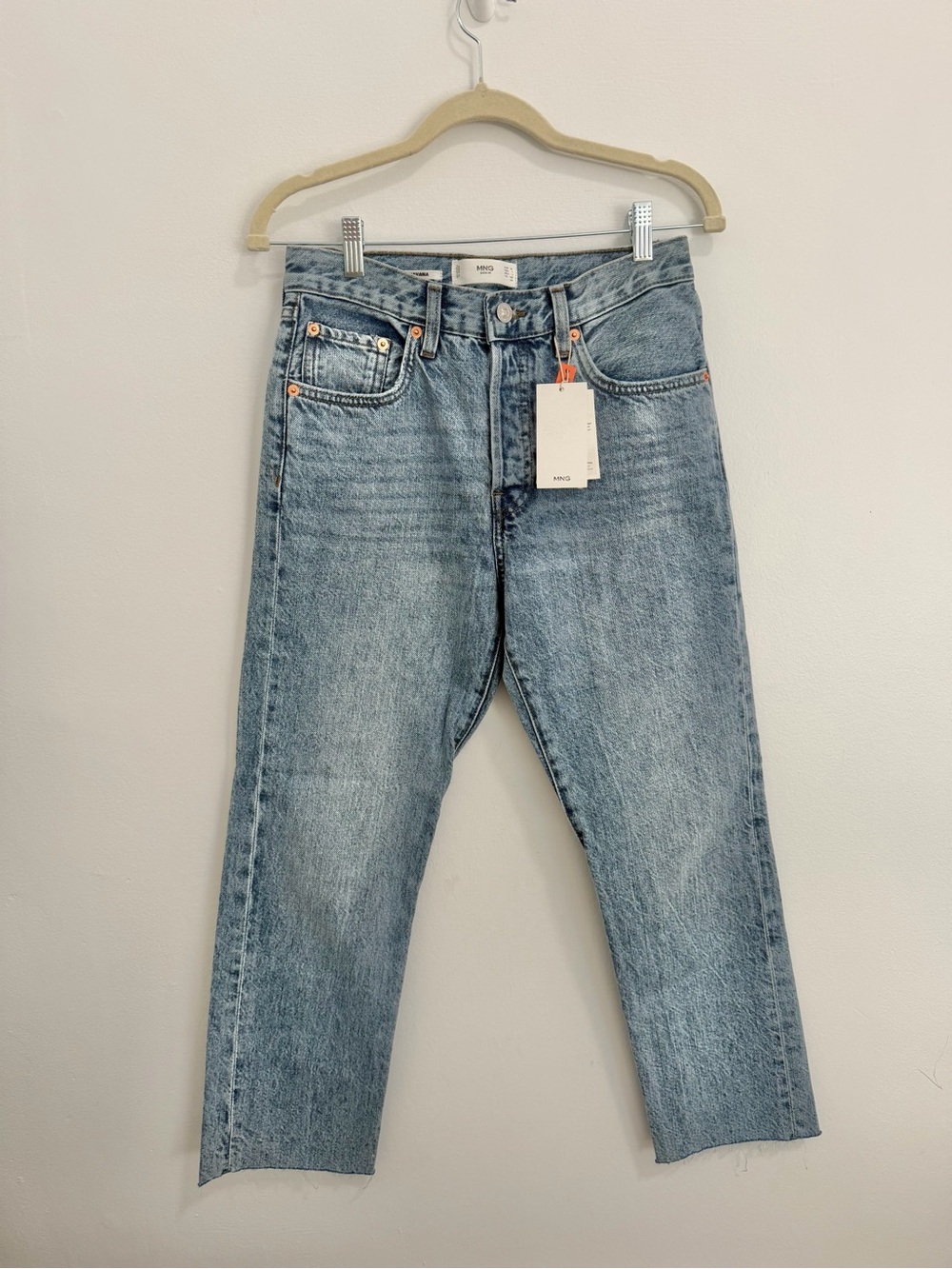NWT MNG Mango Havana Jeans Med Wash Straight Crop Leg High Rise Button Fly